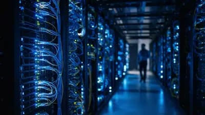 Servidores de alta performance em um data center moderno com luzes LED azuis simbolizando a conectividade da inteligência artificial.