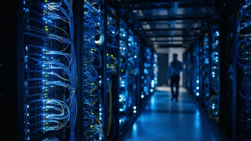 Servidores de alta performance em um data center moderno com luzes LED azuis simbolizando a conectividade da inteligência artificial.