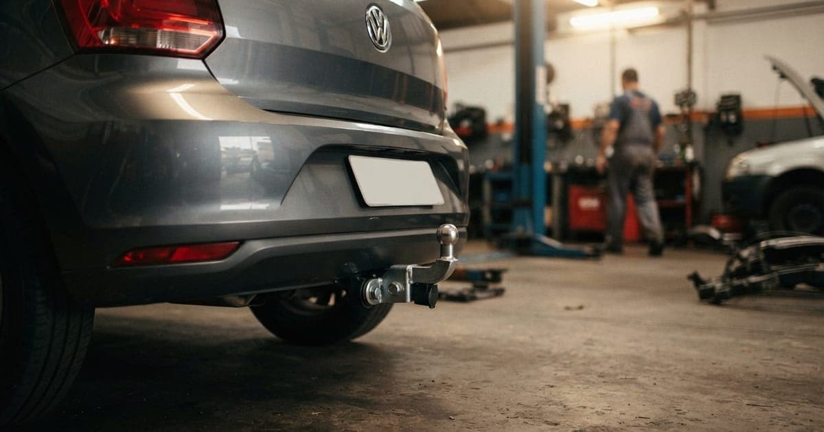 Traseira de um carro popular com engate de reboque metálico instalado próximo ao para-choque em oficina