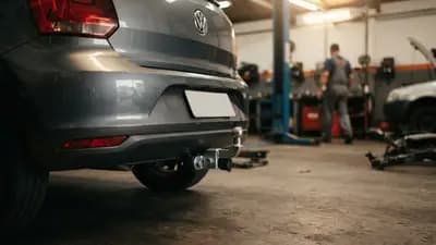 Traseira de um carro popular com engate de reboque metálico instalado próximo ao para-choque em oficina