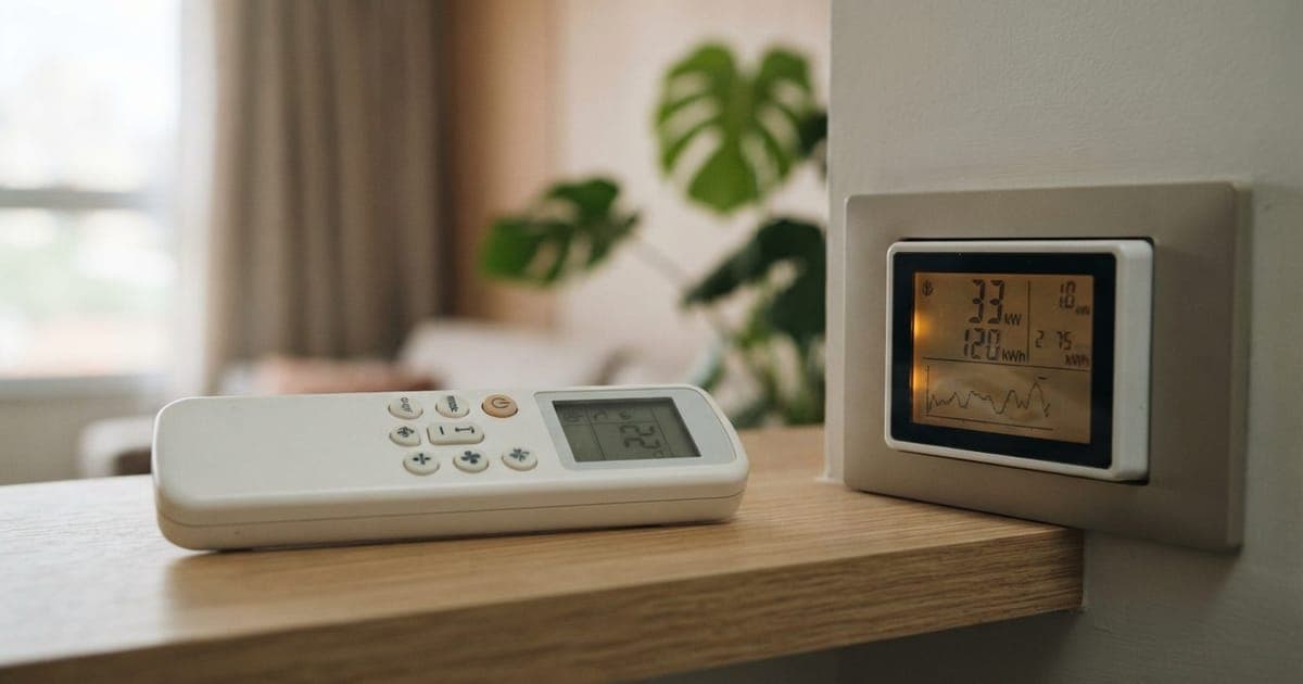 Controle remoto de ar-condicionado próximo a um medidor de energia digital em um ambiente moderno