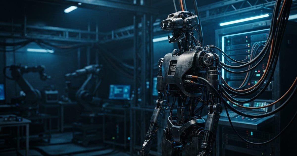 Robô humanoide metálico em ambiente industrial tecnológico com luzes azuis e cabos de conexão aparentes
