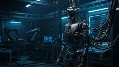 Robô humanoide metálico em ambiente industrial tecnológico com luzes azuis e cabos de conexão aparentes