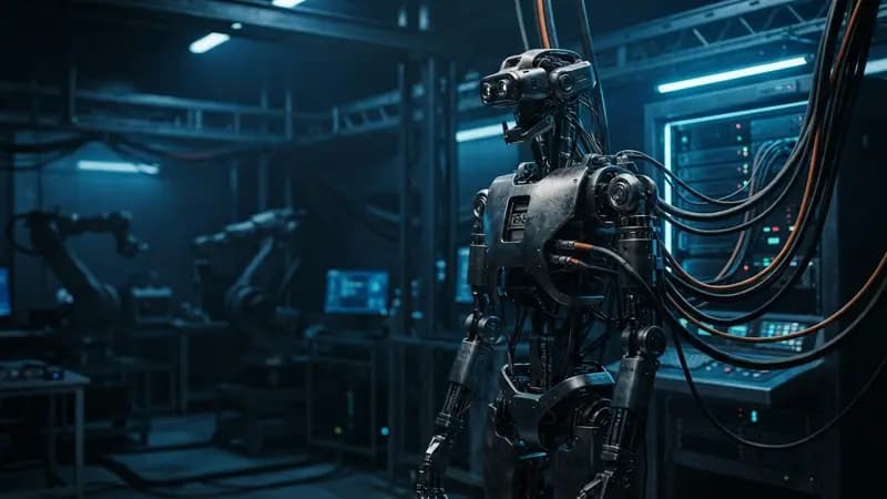 Robô humanoide metálico em ambiente industrial tecnológico com luzes azuis e cabos de conexão aparentes