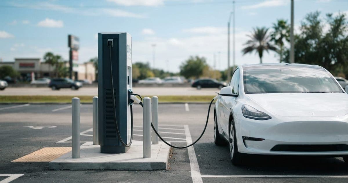 Estação de carregamento rápido da rede EVgo instalada em um estacionamento aberto com céu azul ao fundo