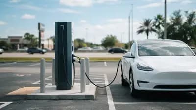 Estação de carregamento rápido da rede EVgo instalada em um estacionamento aberto com céu azul ao fundo