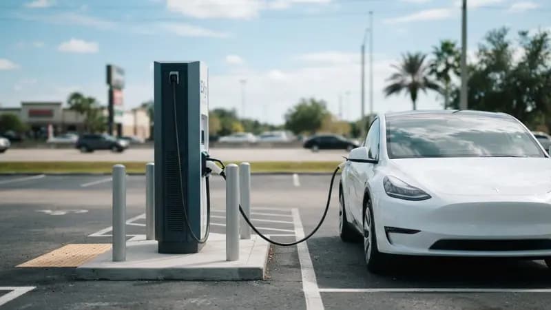 Estação de carregamento rápido da rede EVgo instalada em um estacionamento aberto com céu azul ao fundo