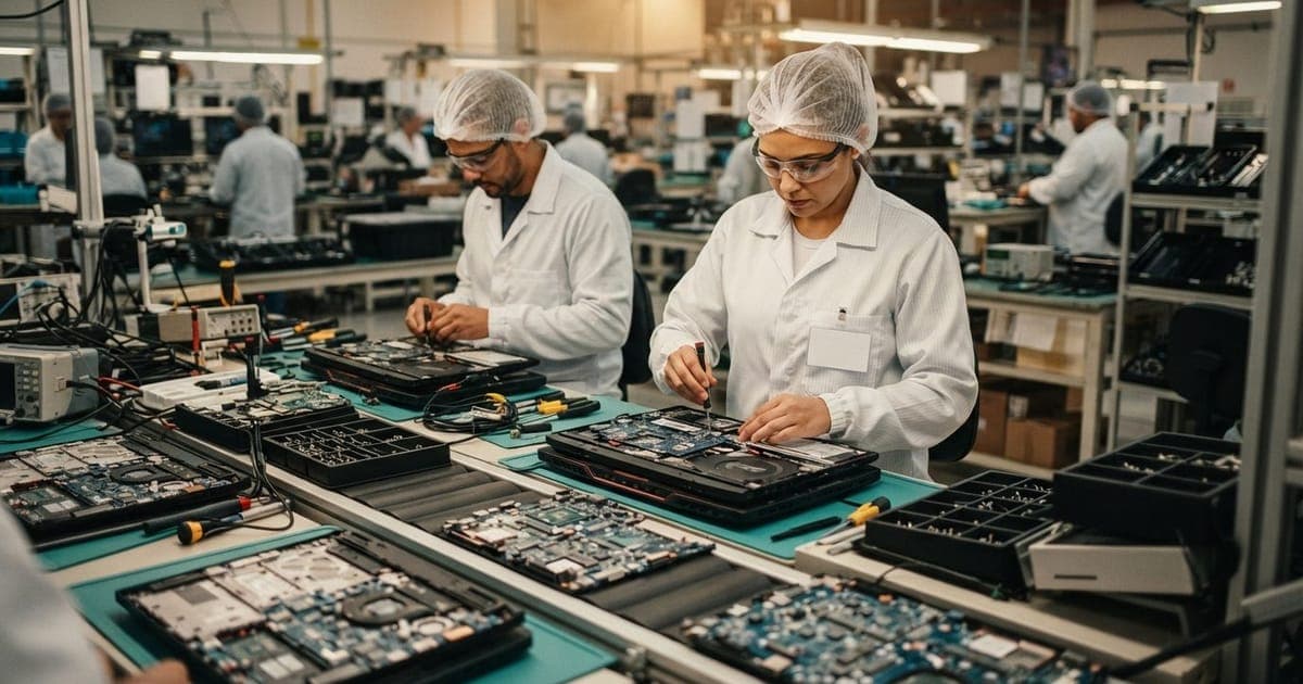 Funcionários de jaleco trabalhando em linha de montagem de computadores na fábrica da Acer em Jundiaí, com circuitos eletrônicos expostos.