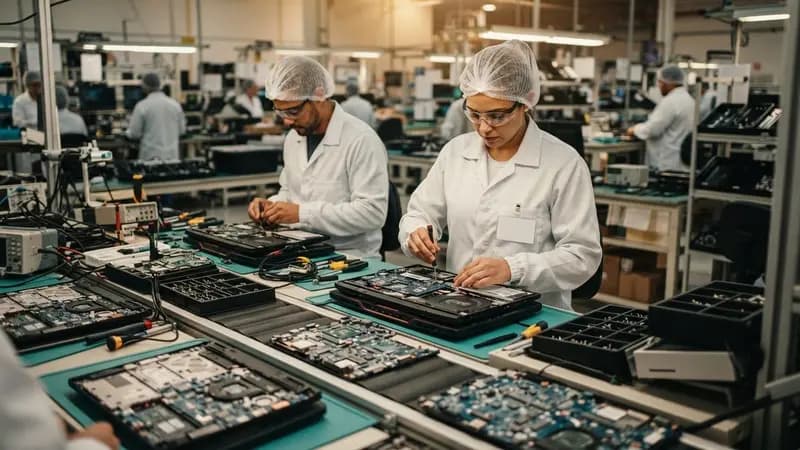 Funcionários de jaleco trabalhando em linha de montagem de computadores na fábrica da Acer em Jundiaí, com circuitos eletrônicos expostos.