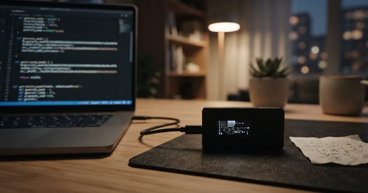 Dispositivo hardware wallet Coldcard sobre uma mesa de escritório ao lado de um computador com códigos de segurança