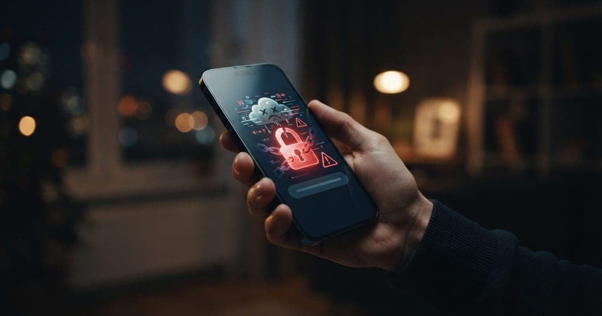 Smartphone exibindo alerta de invasão de conta digital com ícones de cadeado e nuvem representando segurança cibernética.