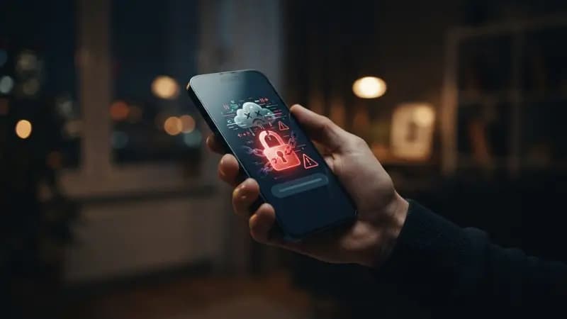 Smartphone exibindo alerta de invasão de conta digital com ícones de cadeado e nuvem representando segurança cibernética.