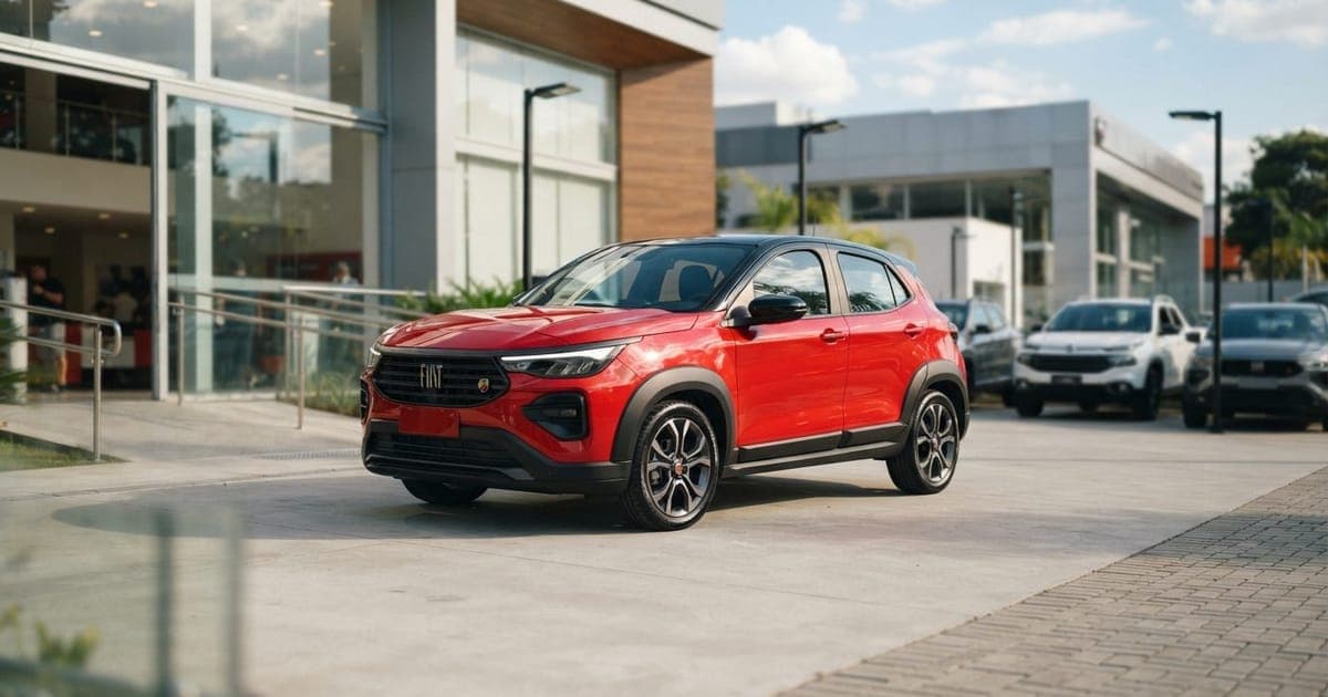 SUV Fiat Pulse estacionado em pátio de concessionária com fachada moderna e iluminação clara do dia