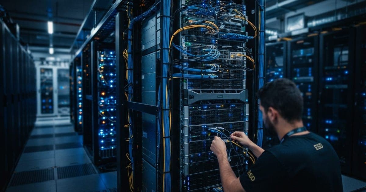 Servidores de alta performance em racks de um data center moderno com luzes azuis e cabos organizados em ambiente técnico