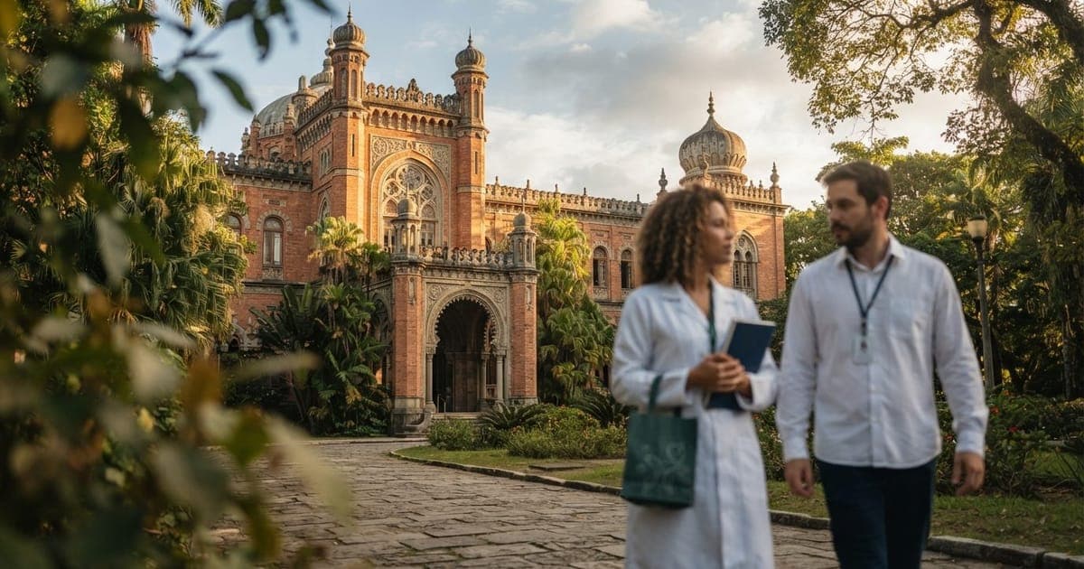 Prédio histórico da Fiocruz em estilo mourisco no Rio de Janeiro sob luz solar, representando a instituição do antirretroviral.