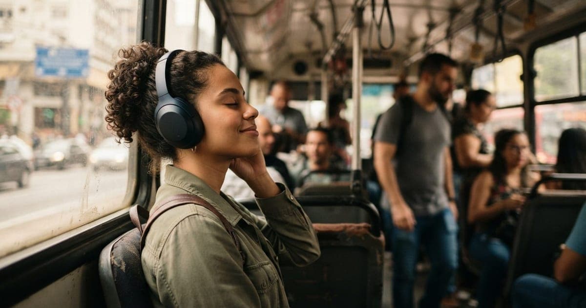 Pessoa usando fone bluetooth com cancelamento de ruído dentro de um ônibus urbano movimentado