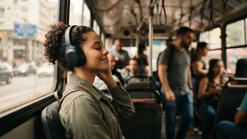 Pessoa usando fone bluetooth com cancelamento de ruído dentro de um ônibus urbano movimentado