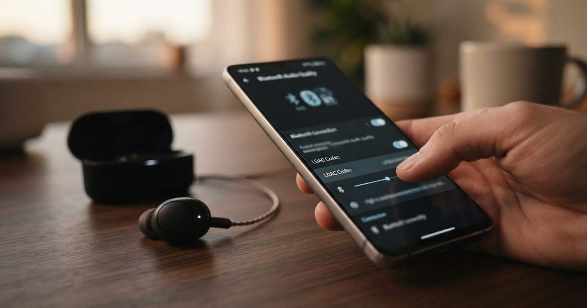 Close em fone de ouvido sem fio conectado via Bluetooth ao smartphone exibindo configurações de áudio no Android.