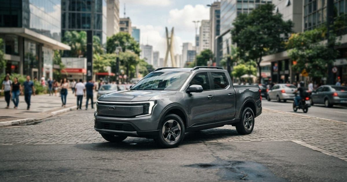 Design externo da picape elétrica Ford Fathom exibindo traços modernos e compactos em ambiente urbano durante o dia
