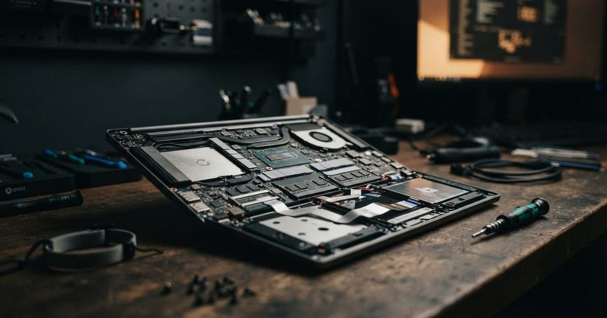 Close-up em um laptop modular Framework aberto com placa-mãe e componentes internos expostos em uma mesa.