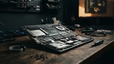 Close-up em um laptop modular Framework aberto com placa-mãe e componentes internos expostos em uma mesa.