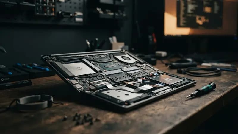Close-up em um laptop modular Framework aberto com placa-mãe e componentes internos expostos em uma mesa.