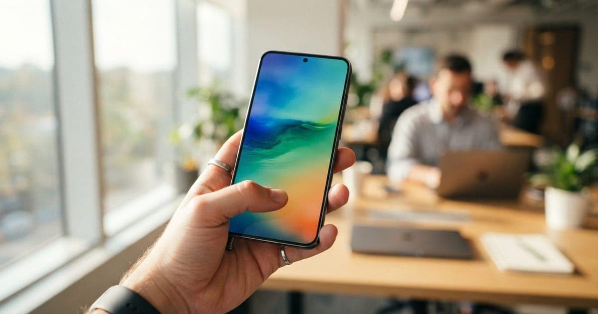Mão segura o smartphone premium Galaxy S26 Ultra aceso com tela colorida em um ambiente de escritório bem iluminado por luz natural.