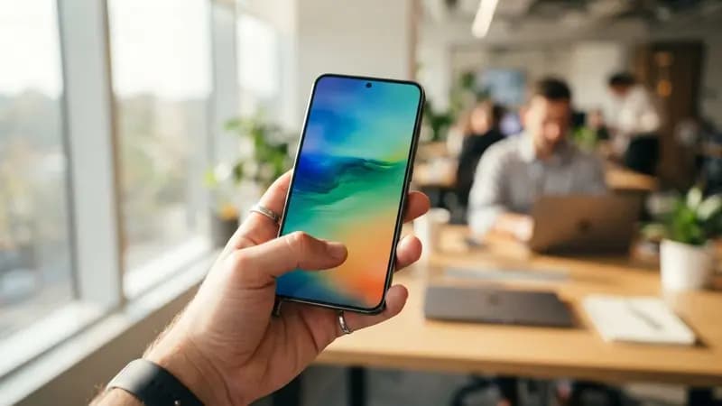 Mão segura o smartphone premium Galaxy S26 Ultra aceso com tela colorida em um ambiente de escritório bem iluminado por luz natural.