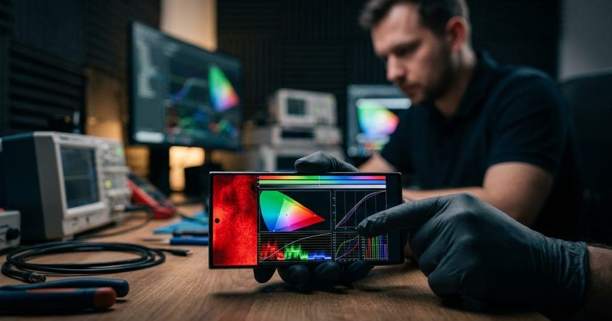 Tela do smartphone Samsung Galaxy S26 Ultra exibindo calibração de cores para remover mancha vermelha