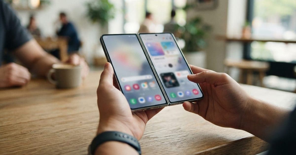 Mãos segurando o celular dobrável Galaxy Z Fold 8 aberto em uma mesa de madeira clara, mostrando o design de tela larga e corpo compacto.