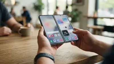 Mãos segurando o celular dobrável Galaxy Z Fold 8 aberto em uma mesa de madeira clara, mostrando o design de tela larga e corpo compacto.