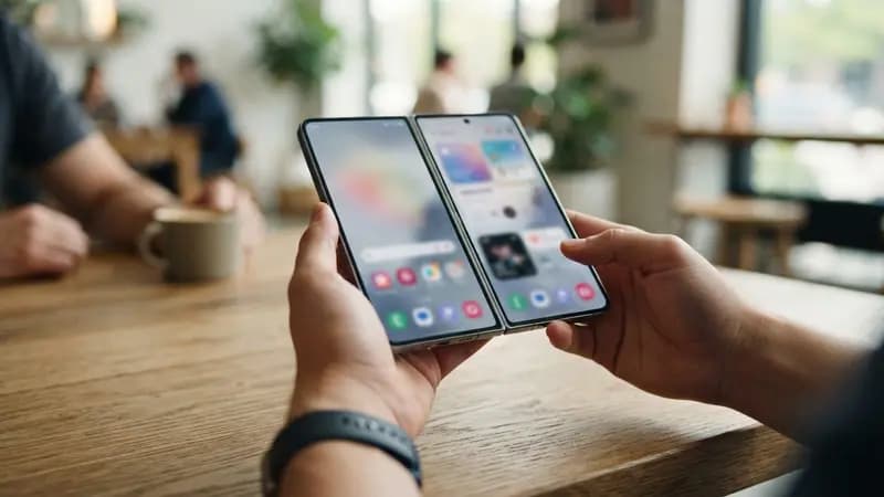 Mãos segurando o celular dobrável Galaxy Z Fold 8 aberto em uma mesa de madeira clara, mostrando o design de tela larga e corpo compacto.