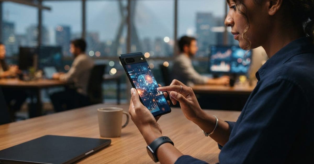 Pessoa utilizando smartphone com o sistema Android em escritório moderno, com gráficos digitais representando dados de IA na tela.