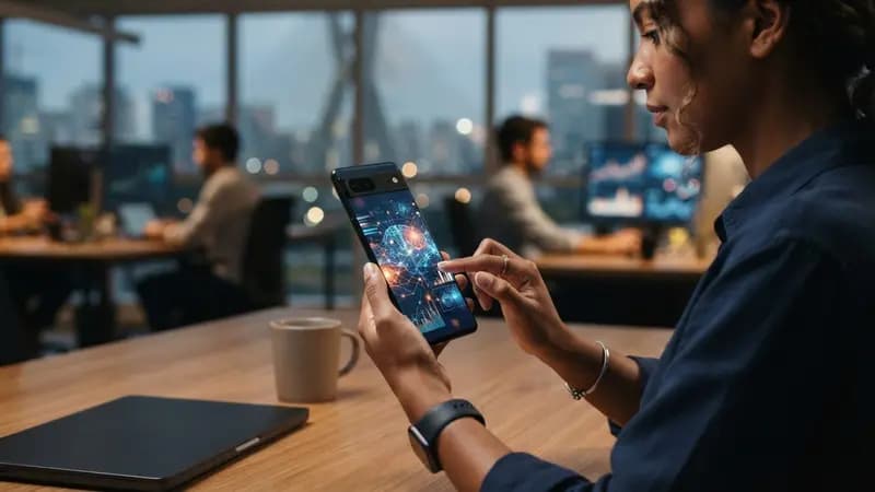 Pessoa utilizando smartphone com o sistema Android em escritório moderno, com gráficos digitais representando dados de IA na tela.