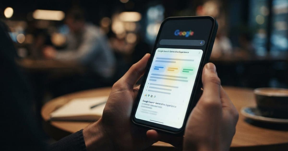 Smartphone exibindo resultados de pesquisa do Google com um painel de resumo de inteligência artificial na tela