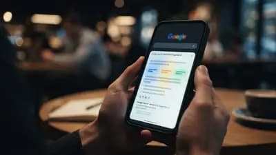 Smartphone exibindo resultados de pesquisa do Google com um painel de resumo de inteligência artificial na tela