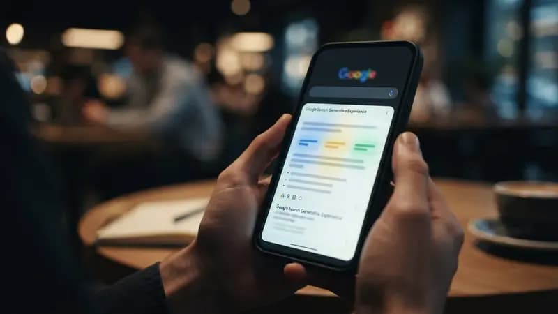 Smartphone exibindo resultados de pesquisa do Google com um painel de resumo de inteligência artificial na tela