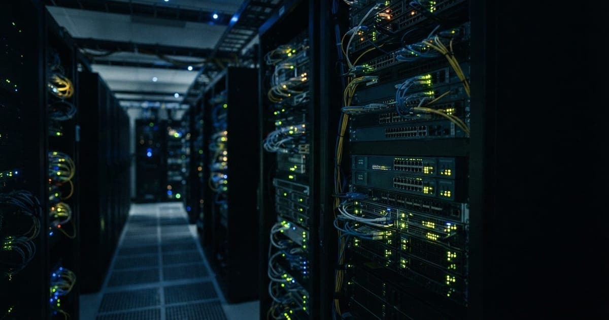 Equipamentos de rede e servidores em um data center com luzes LED piscando em ambiente escuro de alta tecnologia