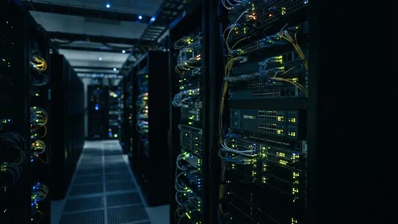 Equipamentos de rede e servidores em um data center com luzes LED piscando em ambiente escuro de alta tecnologia