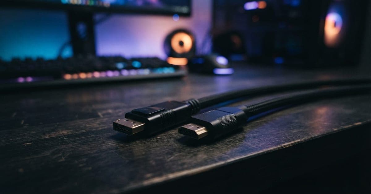 Dois cabos de vídeo pretos, sendo um HDMI ou DisplayPort, posicionados lado a lado sobre uma mesa de madeira escura com leds ao fundo.
