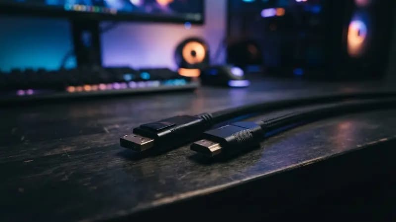 Dois cabos de vídeo pretos, sendo um HDMI ou DisplayPort, posicionados lado a lado sobre uma mesa de madeira escura com leds ao fundo.