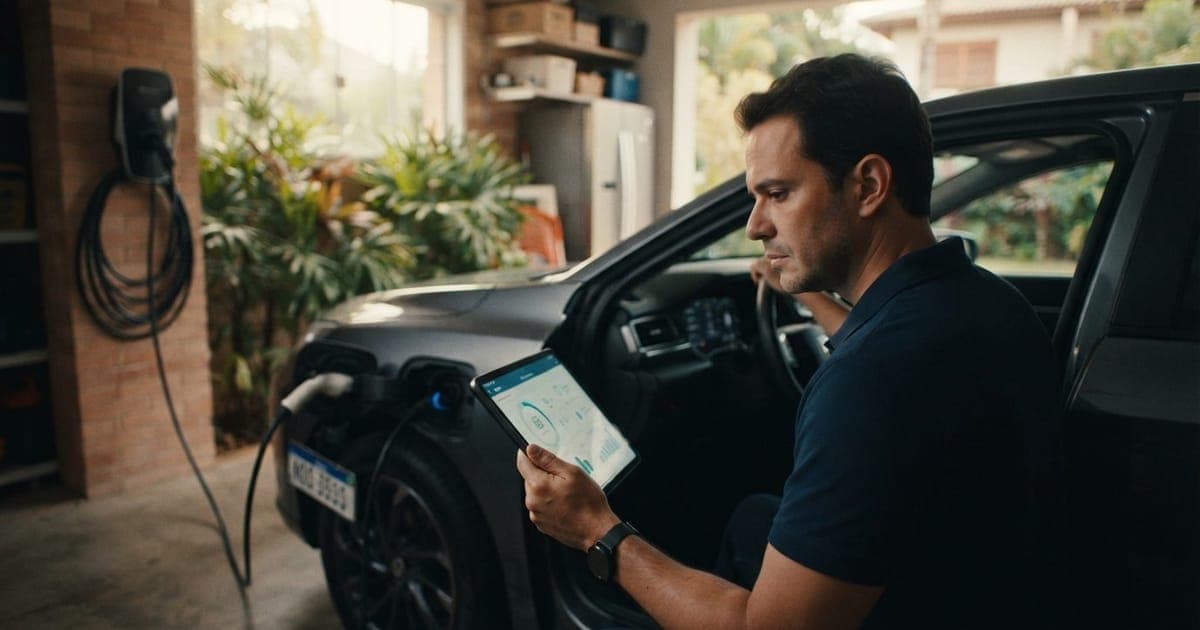 Homem verificando histórico de revisões de um carro híbrido plug-in seminovo na garagem com carregador doméstico.