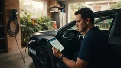 Homem verificando histórico de revisões de um carro híbrido plug-in seminovo na garagem com carregador doméstico.