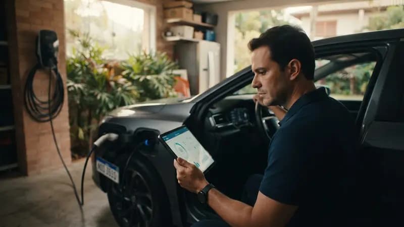 Homem verificando histórico de revisões de um carro híbrido plug-in seminovo na garagem com carregador doméstico.