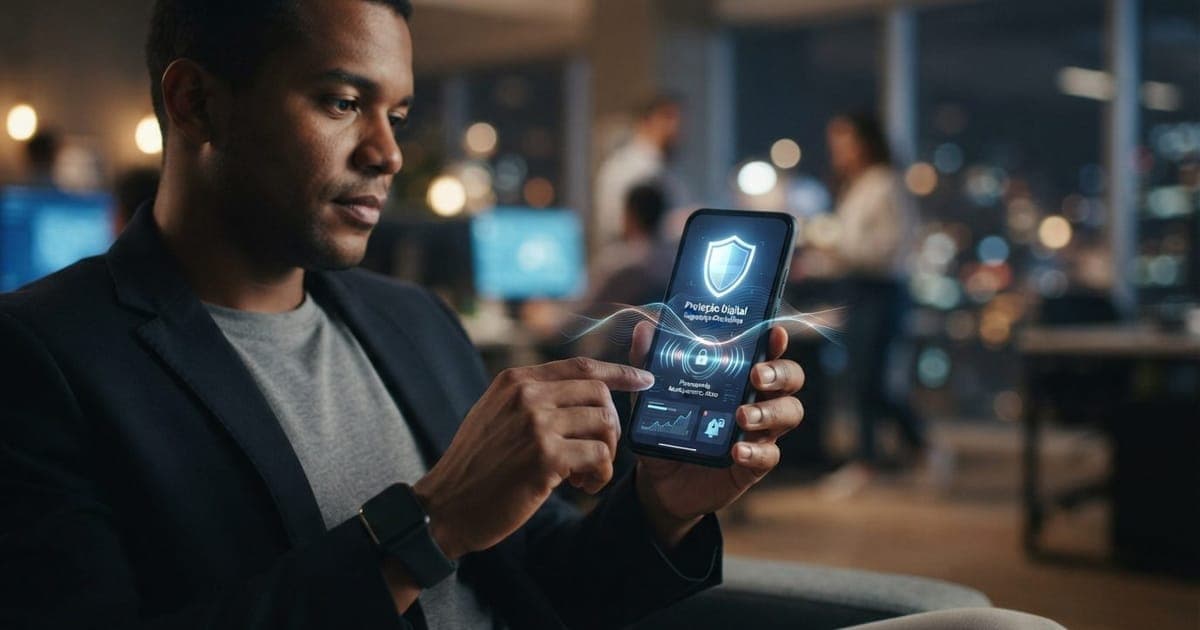 Smartphone exibindo interface de aplicativo bancário com ícone de proteção digital e segurança cibernética.