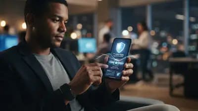 Smartphone exibindo interface de aplicativo bancário com ícone de proteção digital e segurança cibernética.