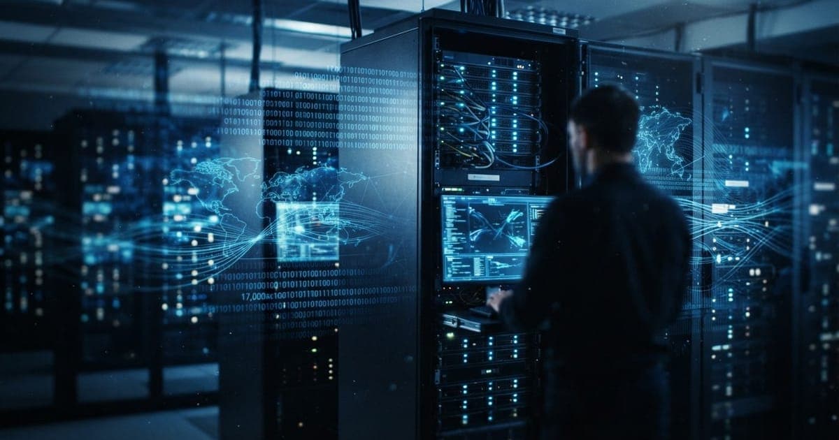 Representação digital de uma rede de servidores interconectados com luzes azuis e código binário sobreposto em tom futurista