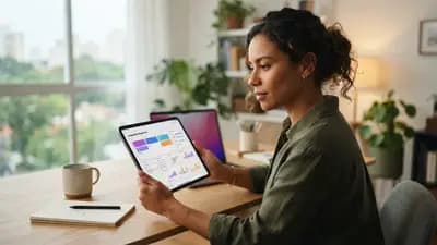 Pessoa em um escritório iluminado lendo a tela de um tablet que exibe gráficos e textos organizados por uma IA para organizar newsletters.