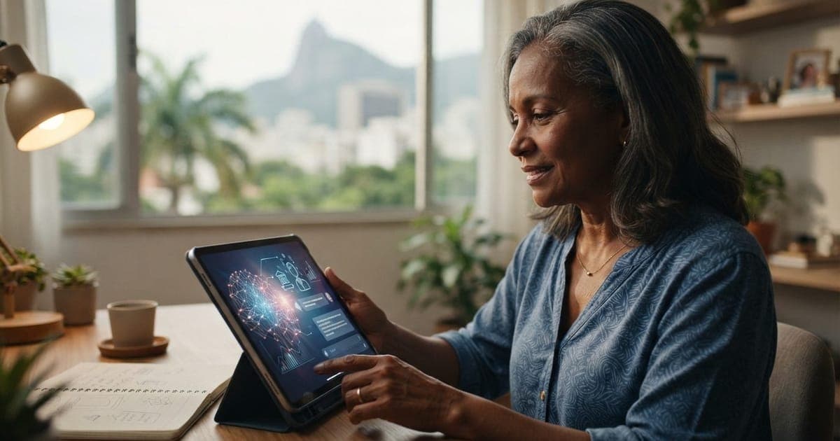 Ilustração editorial sobre IA para aposentadoria: Cada vez mais brasileiros recorrem a chatbots para planejamento de aposentadoria