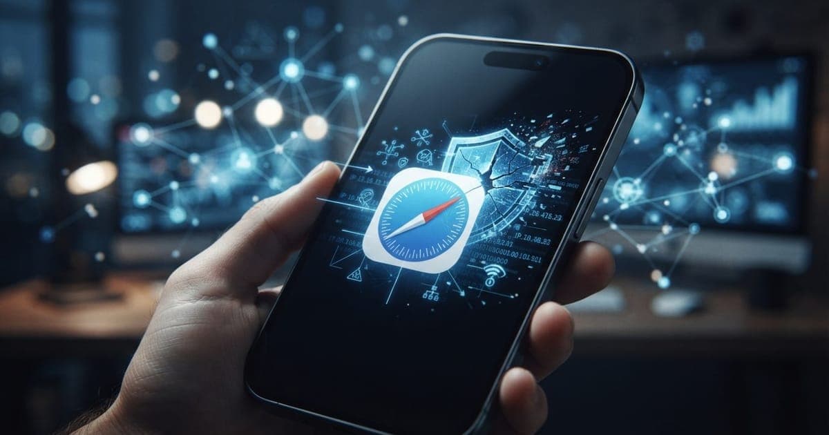 Ícone do Safari em um iPhone sobreposto por símbolos de redes digitais e um escudo de segurança que falha.